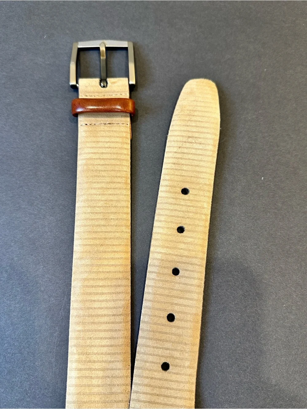 VTG 1990s Fullum & Holt Tan Ribbed Nubuck Leather Belt Gunmetal Buckle 36
